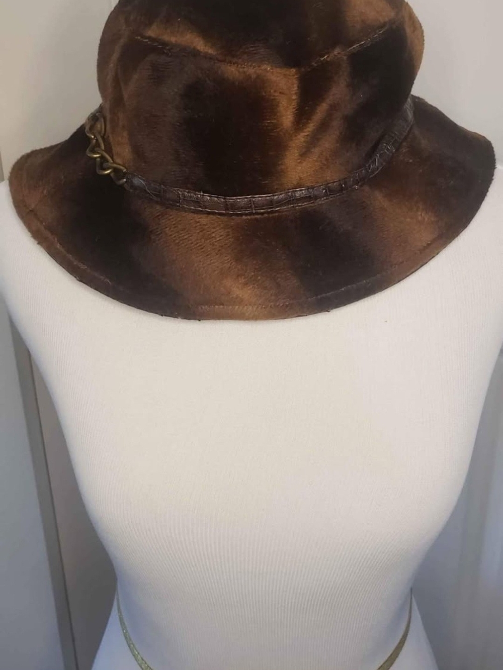 Women’s Brown Faux-Fur Bucket Hat with Chain Accent